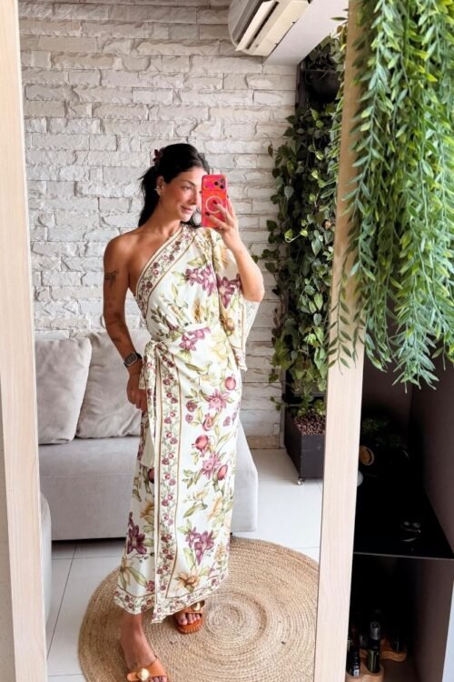 Vestido ombro só flor de romã